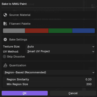 The Bake to MMU Paint dialog showing source, filament palette, bake settings, and quantization options.