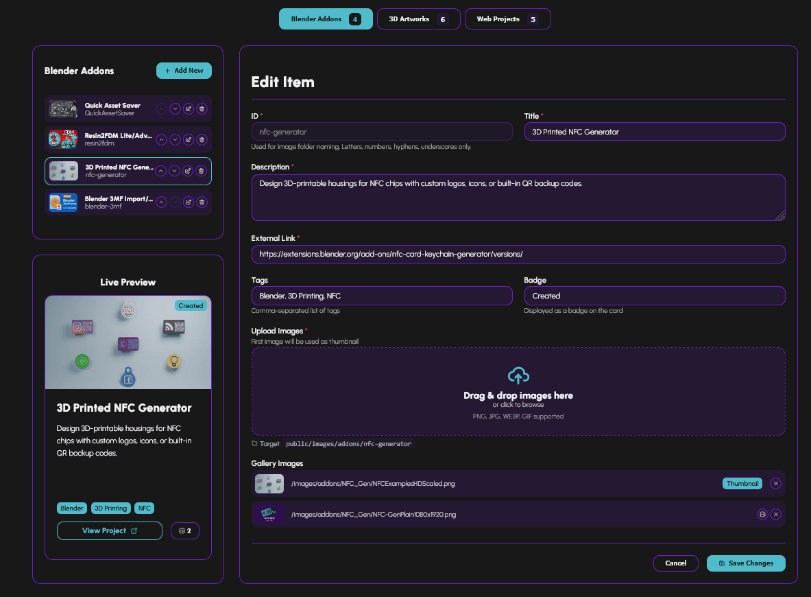 Screenshot of the CloneCore admin panel showing a list of web projects
