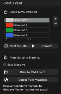 The MMU Paint Suite panel in Blender, showing the default palette and Initialize button.